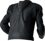 Schwarze RST Tractech Evo D3O Leder Motorradjacke, Touring, mit Protektoren und Reißverschlüssen, auf einem weißen Hintergrund.