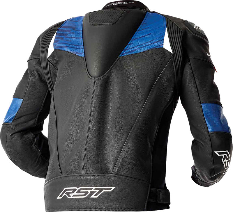 Schwarze und blaue RST Tractech Evo D3O Leder Motorradjacke, touring, mit Schutzpolstern, detailreiche Nahaufnahme