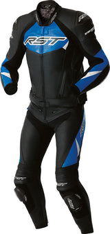 Schwarze und blaue RST Tractech Evo D3O Leder Motorradjacke für Touren, sichtbare Details und Protektoren.