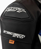 Schwarze und blaue RST Tractech Evo D3O Leder Motorradjacke für Touren, mit Protektoren und sportlichem Design