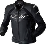 Schwarze und weiße RST Tractech Evo D3O Leder Motorradjacke, touring, mit Schutzpolstern, auf einem Modell getragen.