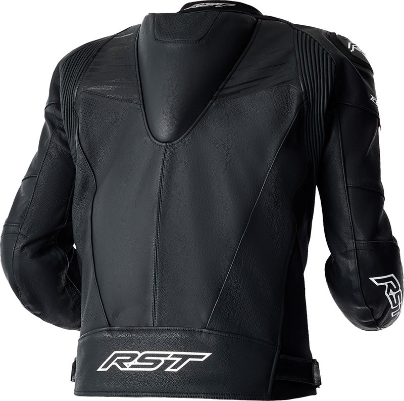 Schwarze und weiße RST Tractech Evo D3O Leder Motorradjacke, touring, mit Protektoren, für sicheren Motorradfahrkomfort.