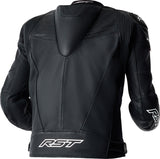 Schwarze und weiße RST Tractech Evo D3O Leder Motorradjacke, touring, mit Protektoren, für sicheren Motorradfahrkomfort.