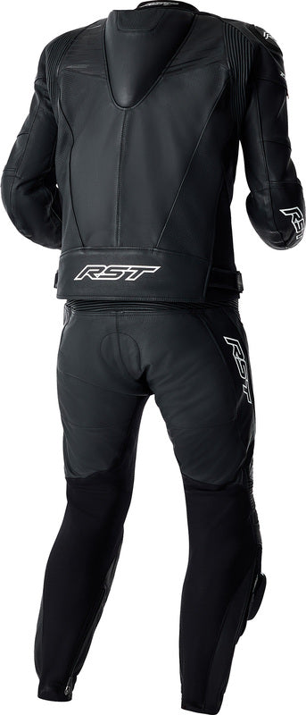 Schwarze und weiße RST Tractech Evo D3O Leder Motorradjacke für Touren, sichtbar mit Protektoren und sportlichem Design.