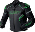Schwarz/neongrüne RST S1 D3O Leder Motorradjacke für Touren, mit Protektoren und sportlichem Design, auf einem Motorrad.