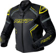 RST S1 D3O Leder Motorradjacke für Touren, schwarz mit Neon Gelb, robuste Lederjacke mit D3O Protektion sichtbar.