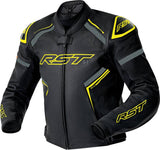 RST S1 D3O Leder Motorradjacke für Touren, schwarz mit Neon Gelb, robuste Lederjacke mit D3O Protektion sichtbar.