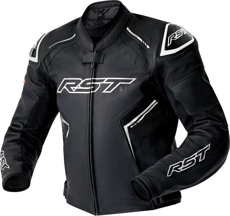 Schwarze und weiße RST S1 D3O Leder Motorradjacke für Touren, mit Schutzmaterial und sportlichem Design.