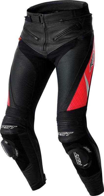 Schwarze RST Tractech Evo D30 Leder Motorradhose mit roten Flo-Details, touring, robuste Schutzpolster, für Motorradfahrer.