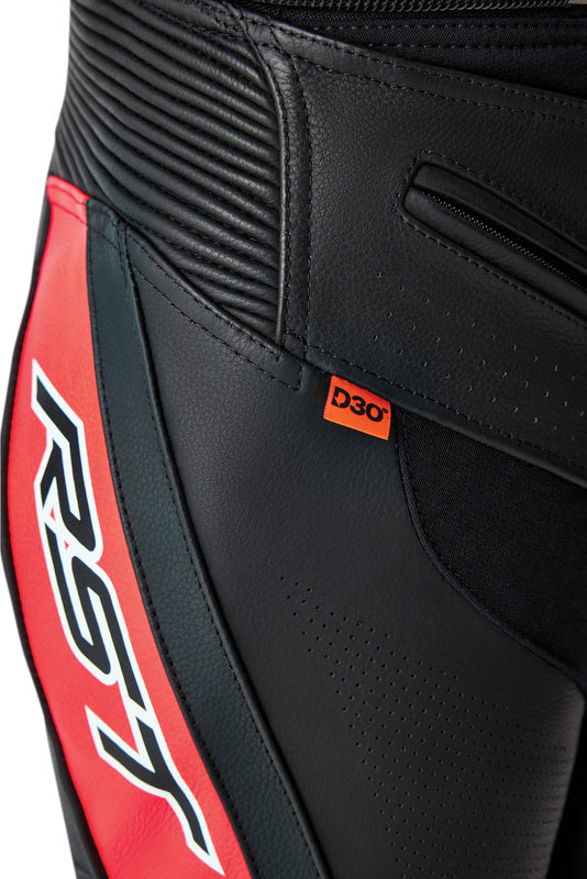 Schwarze RST Tractech Evo D30 Leder Motorradhose mit Flo Rot Akzenten, touring, robuste Schutz- und Komfortfunktion
