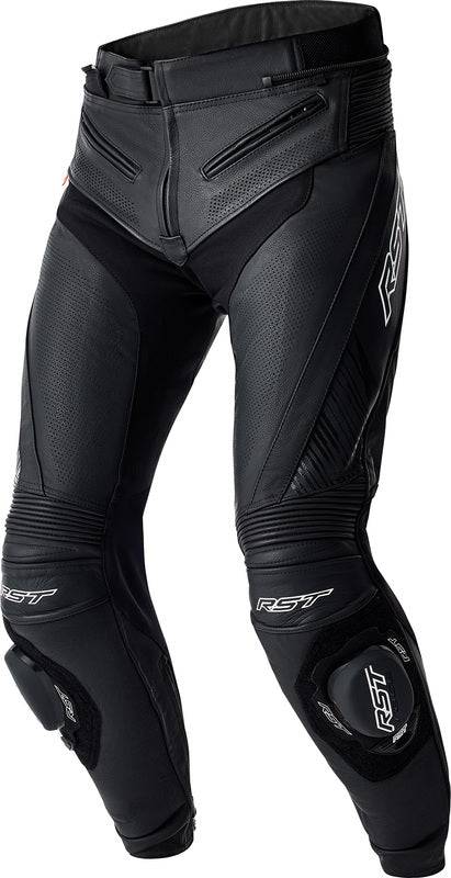 Schwarze und weiße RST Tractech Evo D30 Motorradhose aus Leder, touring, mit Protektoren und strapazierfähigem Material.