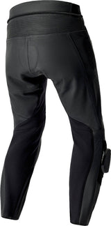 Schwarze RST S1 D30 Leder Motorradhose in Kurzgröße, Touring-Model, mit Schutzprotektoren, auf der Straße liegend.