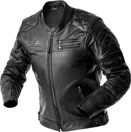 Schwarze RST Hillberry D3O Leder Motorradjacke im klassischen Design, mit Schutzpolstern und Reißverschlüssen.
