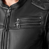 Schwarze RST Hillberry D3O Leder Motorradjacke mit klassischen Design und Protektoren, Frontdetails sichtbar