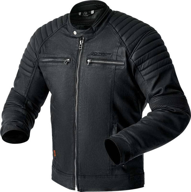 Schwarze RST Brixton D3O Textile Motorradjacke, klassische Jacken-Design, sichtbare Sicherheitsprotektoren an Schultern und Brust