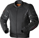 Schwarze RST Pro Series Ventilator D3O Textile Motorradjacke für Adventure, mit Belüftung und Schutzpolster, auf einem Motorrad.