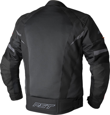 Schwarze RST Pro Series Ventilator D3O Textile Motorradjacke für Adventure, mit Belüftung und Schutzprotektoren, auf einem Motorrad.