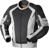 Schwarze und silberne RST Pro Series Ventilator Motorradjacke aus D3O-Textil für Adventure Motorradsport, sichtbarer Reißverschluss und Belüftung.
