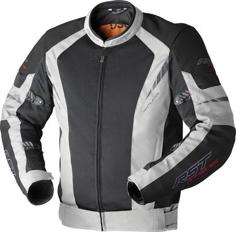 Schwarze und silberne RST Pro Series Ventilator Motorradjacke aus D3O-Textil für Adventure Motorradsport, sichtbarer Reißverschluss und Belüftung.