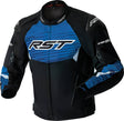 Schwarze und blaue RST Tractech D3O Textile Motorradjacke für Touren, mit Protektoren und reflektierenden Details.