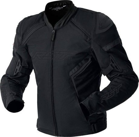 Schwarze RST S1 D3O Textil Motorradjacke, touring, mit Schutzmaterial, auf einem modellierten Rückenansicht.