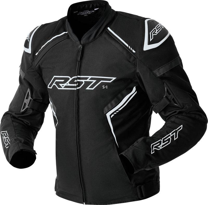 Schwarze und weiße RST S1 D3O Textil Motorradjacke für Touren, mit Schutzpolsterung und reflektierenden Details.