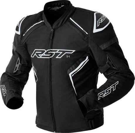 Schwarze und weiße RST S1 D3O Textil Motorradjacke für Touren, mit Schutzpolsterung und reflektierenden Details.