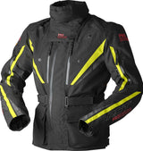 Schwarze RST Pro Series Paragon D3O Adventure Motorradjacke mit Gelb-Details, textile, atmungsaktiv und schützend.