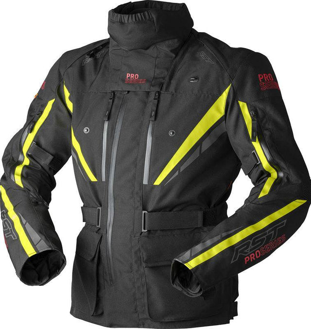 Schwarze RST Pro Series Paragon D3O Adventure Motorradjacke mit Gelb-Details, textile, atmungsaktiv und schützend.