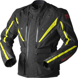 Schwarze und gelbe RST Pro Series Paragon D3O Textilmotorradjacke für Adventure, mit Schutz- und Belüftungselementen.