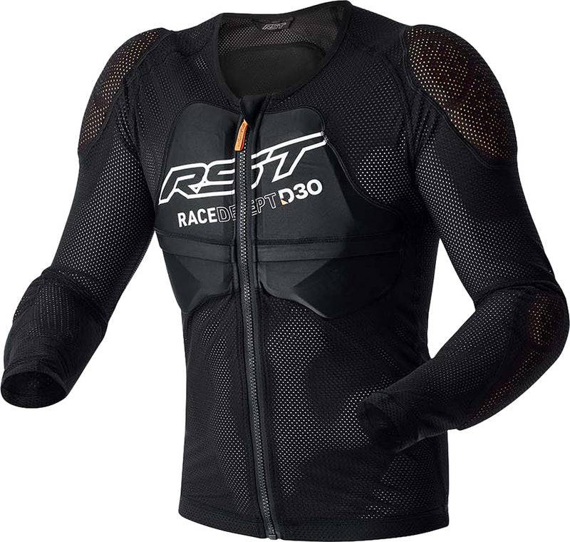 RST Race Dept D3O Performance Weste, schwarze Motorradzubehör-Jacke mit D3O-Protektoren, sichtbarer Reißverschluss und reflektierende Akzente