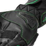 Schwarze RST S1 Motorradhandschuhe mit grünen Details, robuste Lederhandschuhe für den Motorradsport, Schutz und Komfort.