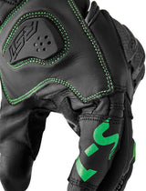 Schwarze RST S1 Motorradhandschuhe mit grünen Flo-Details, Schutzpolster und atmungsaktivem Material für sicheren Fahrkomfort.