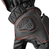 Schwarze RST S1 Motorradhandschuhe mit roten Flo-Details, robuste Lederhandschuhe für den Motorradsport, Nahaufnahme