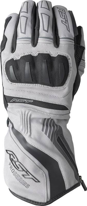 Schwarze und silberne RST Pro Series Vega Motorradhandschuhe aus robustem Leder mit Knöchelprotektoren.