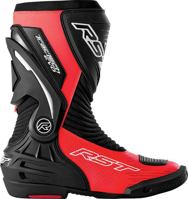 Schwarze RST TracTech Evo D3O Motorradstiefel im Racing-Design mit Fluo-Rot-Details, aus robustem Leder mit Protektoren.