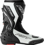 Schwarze und weiße RST TracTech Evo D3O Motorradstiefel für Racing, mit robustem Design und Schutzmaterialien sichtbar