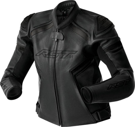 Schwarze RST S1 D3O Damen Motorradjacke aus Leder, touring Jacke mit Schutzpolstern, auf einem Model getragen.