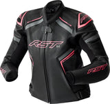 Schwarze Damen Motorradjacke RST S1 D3O Leder mit rosa Akzenten, touring Jacke für Damen, Schutz und Komfort, Frontansicht