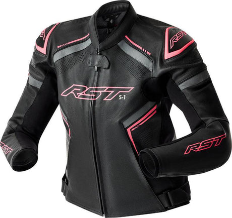 Schwarze Damen Motorradjacke RST S1 D3O Leder mit rosa Akzenten, touring Jacke für Damen, Schutz und Komfort, Frontansicht