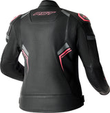 Schwarze und rosa Damen Motorradjacket von RST, Touring-Modell, mit D3O-Schutzeinsätzen, aus Leder, bequem und sicher.