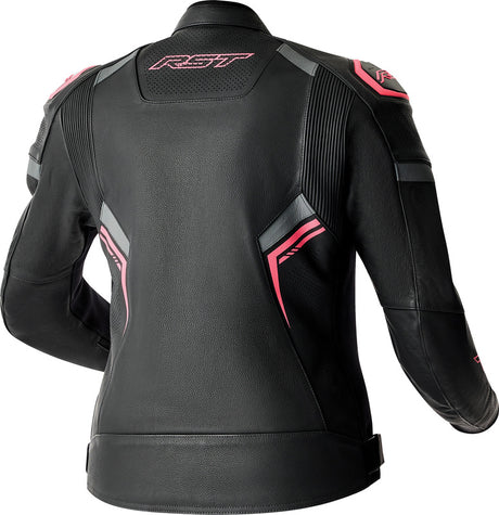Schwarze und rosa Damen Motorradjacket von RST, Touring-Modell, mit D3O-Schutzeinsätzen, aus Leder, bequem und sicher.