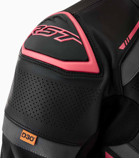 Schwarze und rosa RST S1 D3O Damen-Motorradjacke, touring Lederjacke mit Schutzpolstern, sichtbare Details und Reißverschlüsse