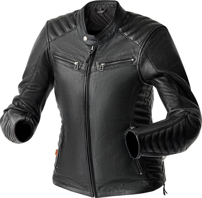 Schwarze Damen Motorradjacke RST Roadster Air D3O Leder, klassische Jacken-Form, mit Schutzprotektoren sichtbar.
