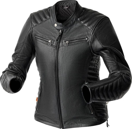 Schwarze Damen Motorradjacke RST Roadster Air D3O Leder, klassische Jacken-Form, mit Schutzprotektoren sichtbar.