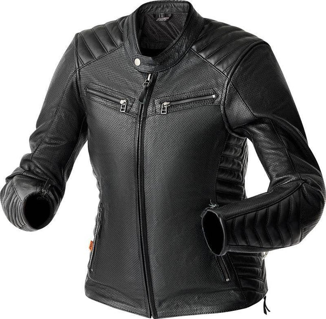 Schwarze Damen Motorradjacke RST Roadster Air D3O Leder, klassische Jacken-Form, mit Schutzprotektoren sichtbar.