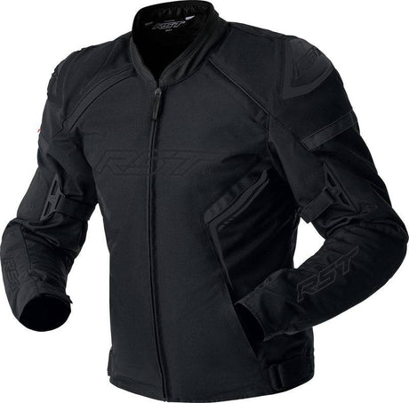 Schwarze RST S1 D3O Textil Motorradjacke für Damen, touring, mit Schutzprotektoren, auf einem weißen Hintergrund.