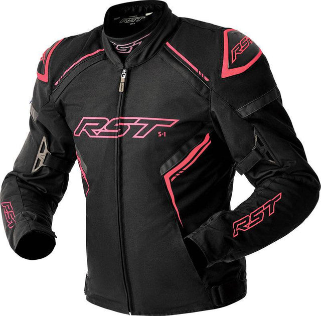 Schwarze RST S1 D3O Textil Damen Motorradjacke für Touren, mit Schutzpolstern, auf einem modelhaften Darstellung.