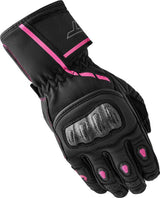 Schwarze Damen Motorradhandschuhe von RST mit rosa Akzenten, gepolstert und bequem für sicheren Motorradsport.