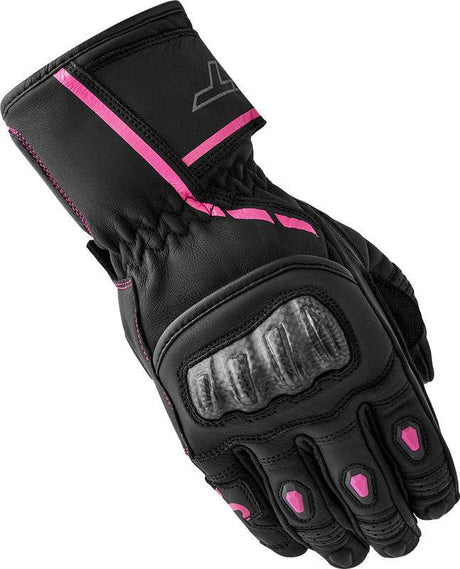 Schwarze Damen Motorradhandschuhe von RST mit rosa Akzenten, gepolstert und bequem für sicheren Motorradsport.